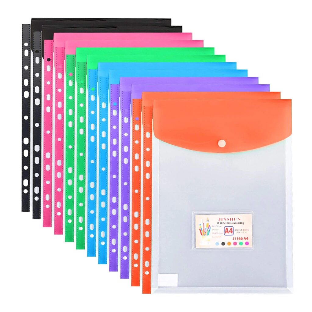 A4 Clear Plastic Waterproof 11 Hole Binder Pockets with Button Closure