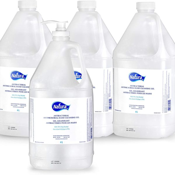 NATURA” 16 L (4 jugs x 4 L each) Hand Sanitizing Gel, with 70 % ethyl alcohol. Premium Antibacterial Antimicrobial Commercial grade formula. Skin friendly with Vitamin E and Aloe Vera. Includes 4 dispensing pumps. Made in Canada